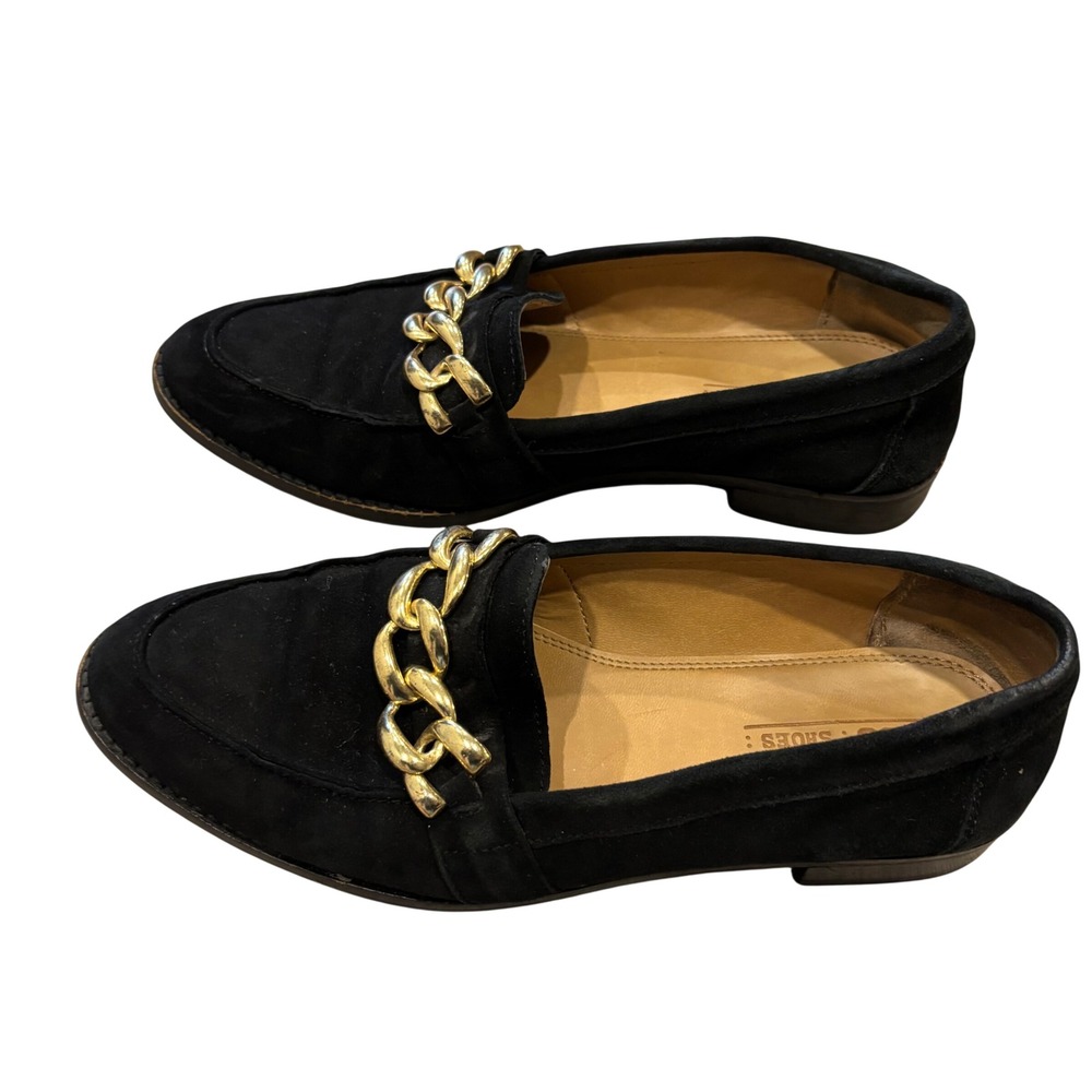 ASOS Womens Black Faux Suede Loafers Gold Chunky Chain Detail Size 5 Flat‎ Shoes - Picture 2 of 7